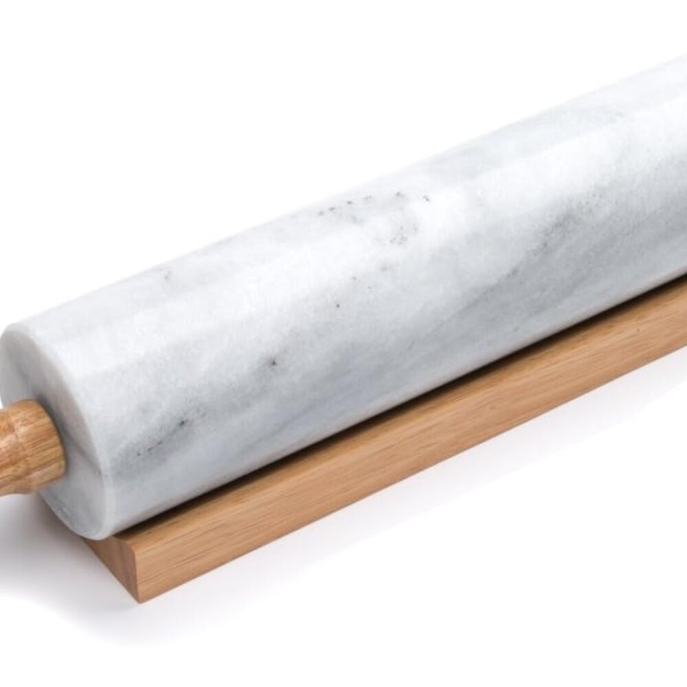 Polished Marble Rolling Pin with Wooden Cradle, 10-Inch Barrel, White
